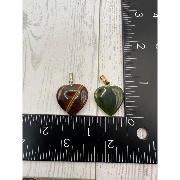 Stone Heart Pendant Lot 2pc Tiger Eye & Green Aventurine Gemstone Charms - Picture 3 of 3